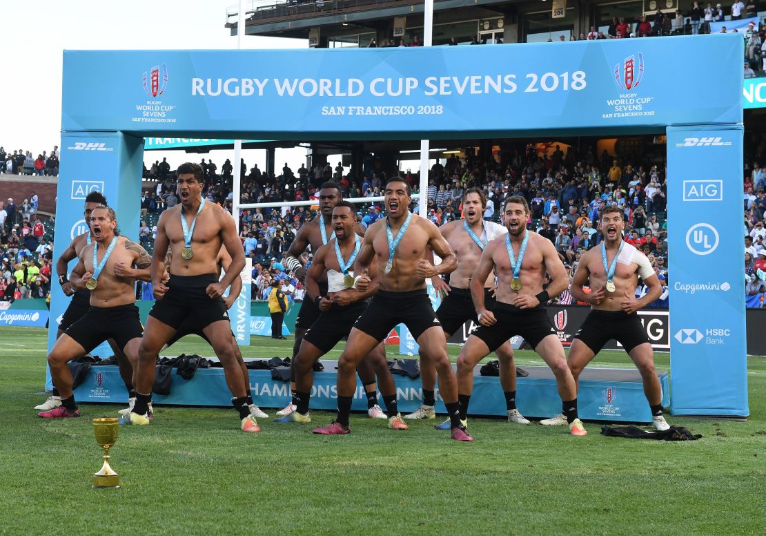 New Zealand players perform the Haka after defeating England in the Rugby Sevens World Cup final