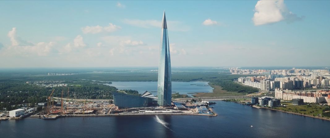 A drone photograph shows the Lakhta Center's now-complete tower.