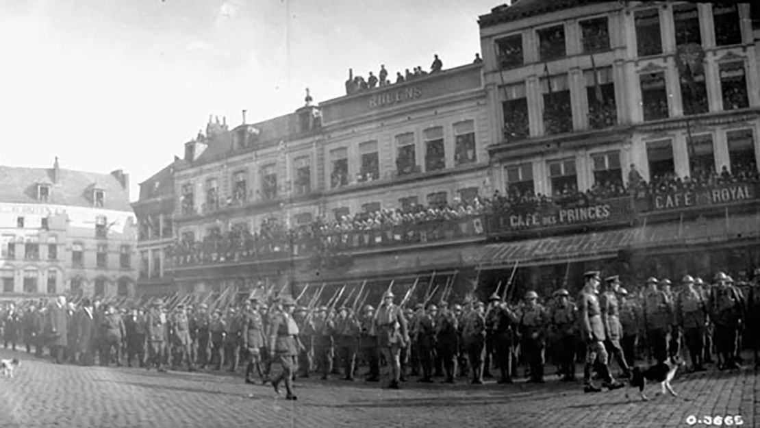General view of Grand Place, Mons, showing General Horne inspecting 7th Canadian Infantry Brigade on November 15, 1918.