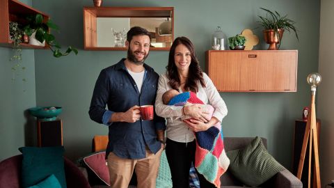 Ardern and Gayford pose for a family photo with Neve at their home in Auckland.