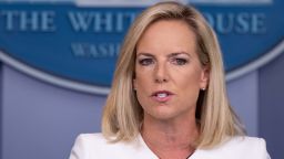 US Homeland Security Secretary Kirstjen Nielsen speaks during press briefing on national security at the White House in Washington, DC, on August 2, 2018.