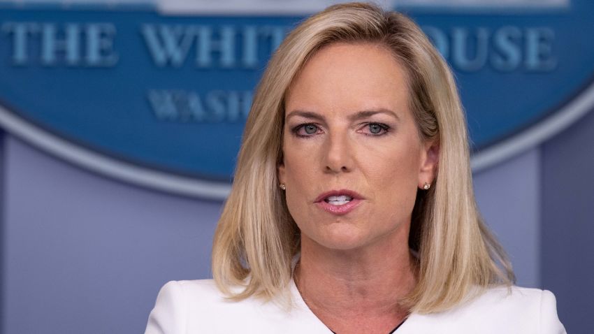 US Homeland Security Secretary Kirstjen Nielsen speaks during press briefing on national security at the White House in Washington, DC, on August 2, 2018. - The US government on Thursday accused Russia of carrying out a "pervasive" campaign to influence public opinion and elections, in a public warning just months before crucial legislative elections. (Photo by NICHOLAS KAMM / AFP)        (Photo credit should read NICHOLAS KAMM/AFP/Getty Images)
