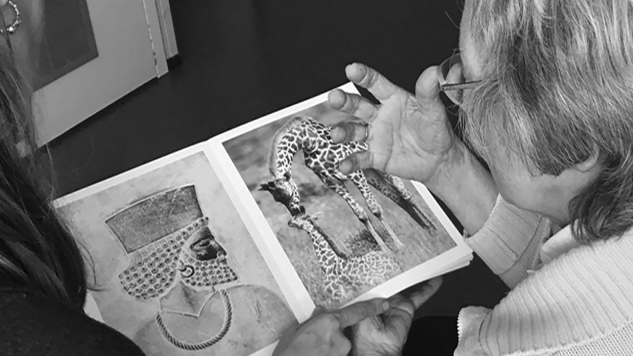 An elderly woman looks at a "Photographic Treatment" book and describes and compares what she sees. The pairing "raises for me the question of function and aesthetics of geometry and why it is attractive to look at repetitive patterns -- because we find geometry highly aesthetic," creator Laurence Aëgerter said.