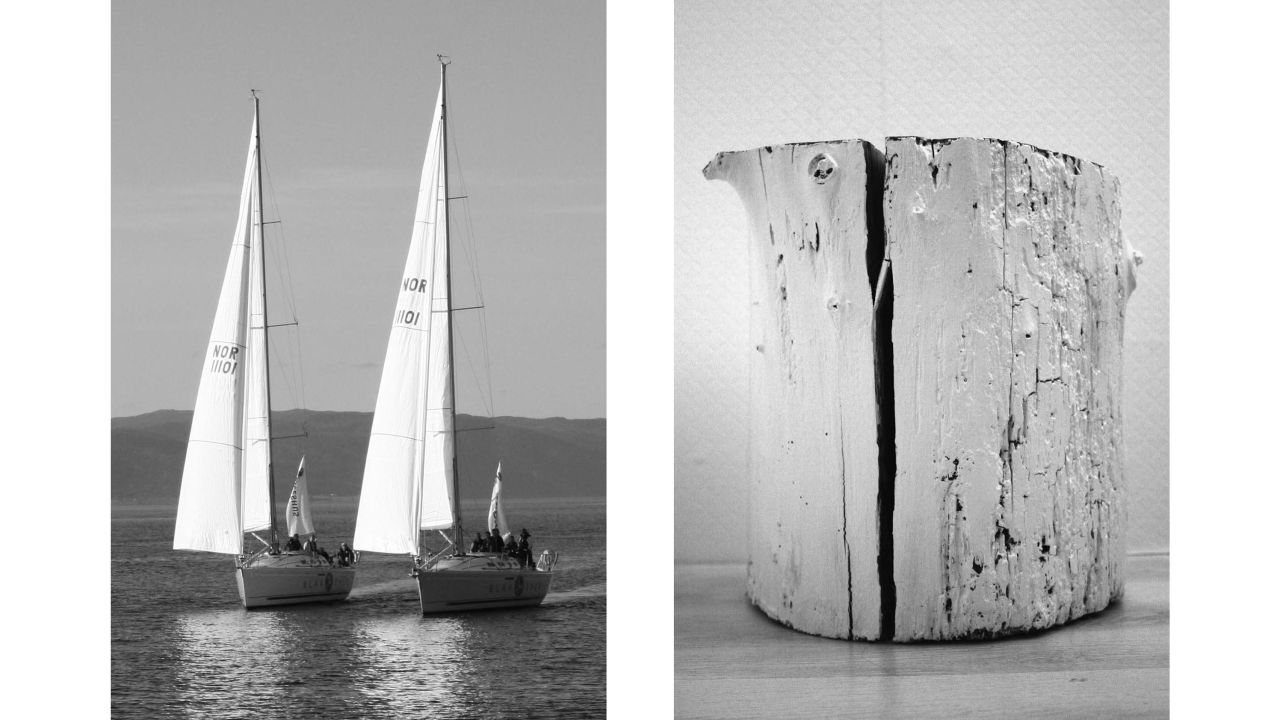 Aëgerter said she made this pairing because of the parallels in the ways black vertical lines split the two mediums: on the left, sky and water, and on the right, painted wood. "The reason I probably like it is the rhythm of the image, the interruption by the black lines," she said. The boats' masts divide the image into neat thirds, while the crack in the wooden stump creates two equal halves. 
