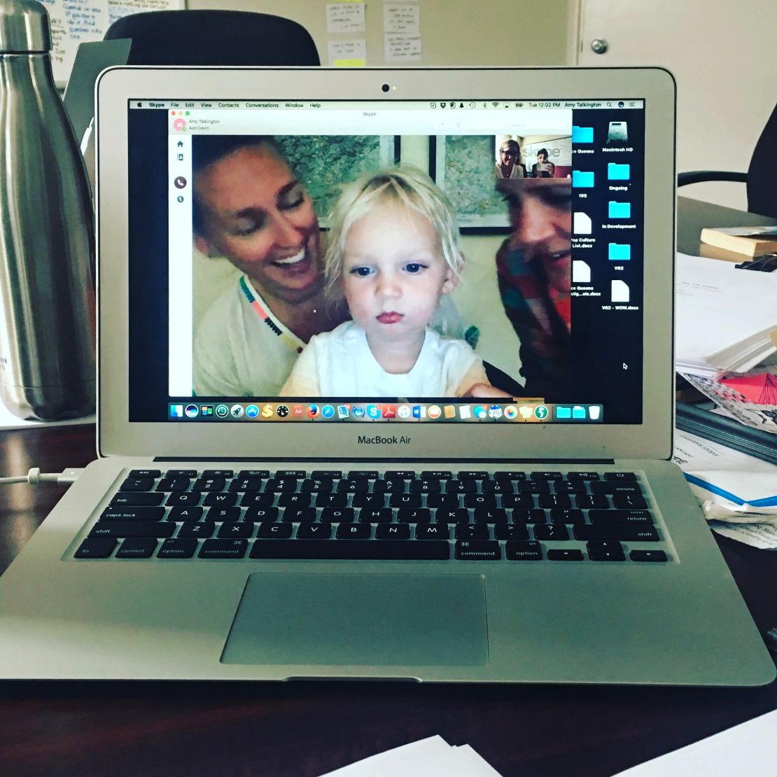 Writer Liz Tigelaar video chats with her son while she works on a pilot project.