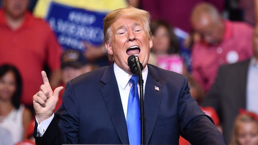 US President Donald Trump speaks at a political rally at Mohegan Sun Arena in Wilkes-Barre, Pennsylvania on August 2, 2018. / AFP PHOTO / MANDEL NGANMANDEL NGAN/AFP/Getty Images