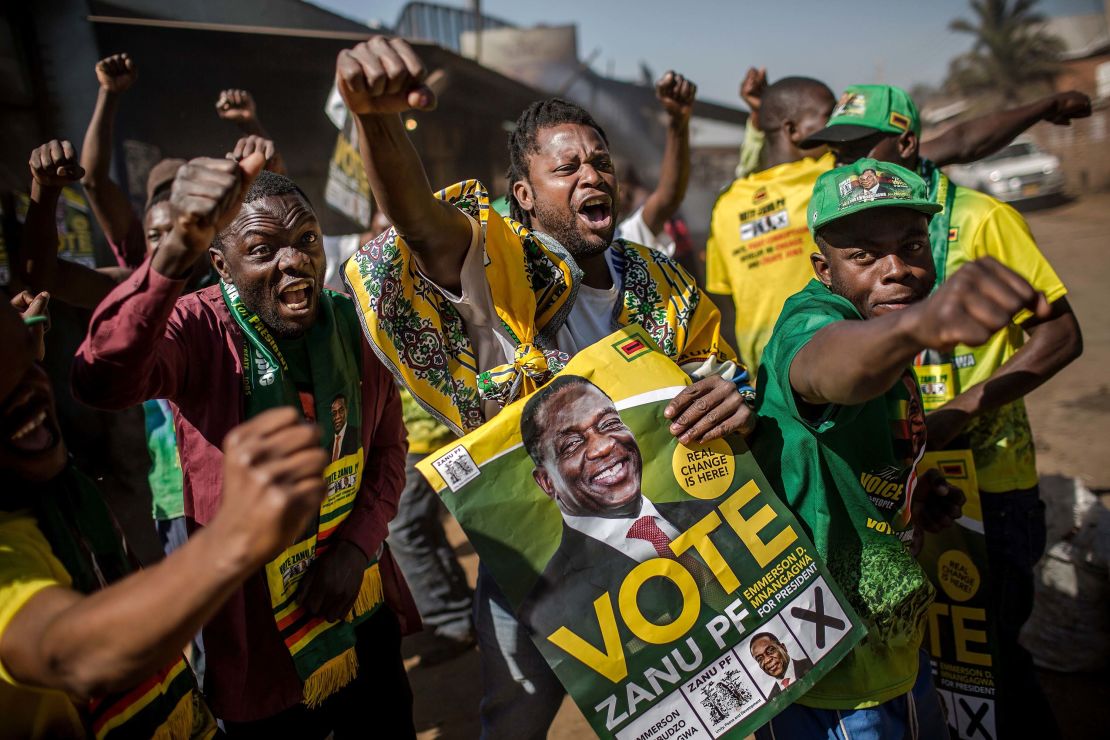 Supporters celebrate after Mnangagwa is declared the winner in Zimbabwe's landmark election.