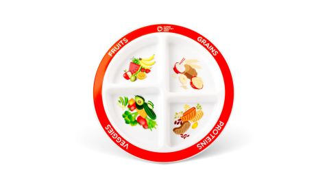 The plate used in the study has food group illustrations labeling each compartment.
