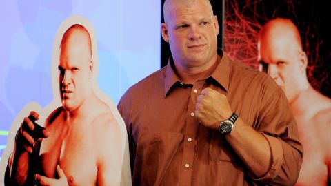 World Wrestling Entertainment (WWE) wrestler Kane poses during a promotional event in New Delhi in 2009. 