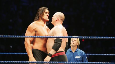 Wrestler the Great Khali and ECW Champion Kane stare each other down during WWE Smackdown at Acer Arena in Sydney in 2008.
