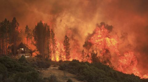 Flames from a wildfire move up a ridge near Lakeport on August 2.