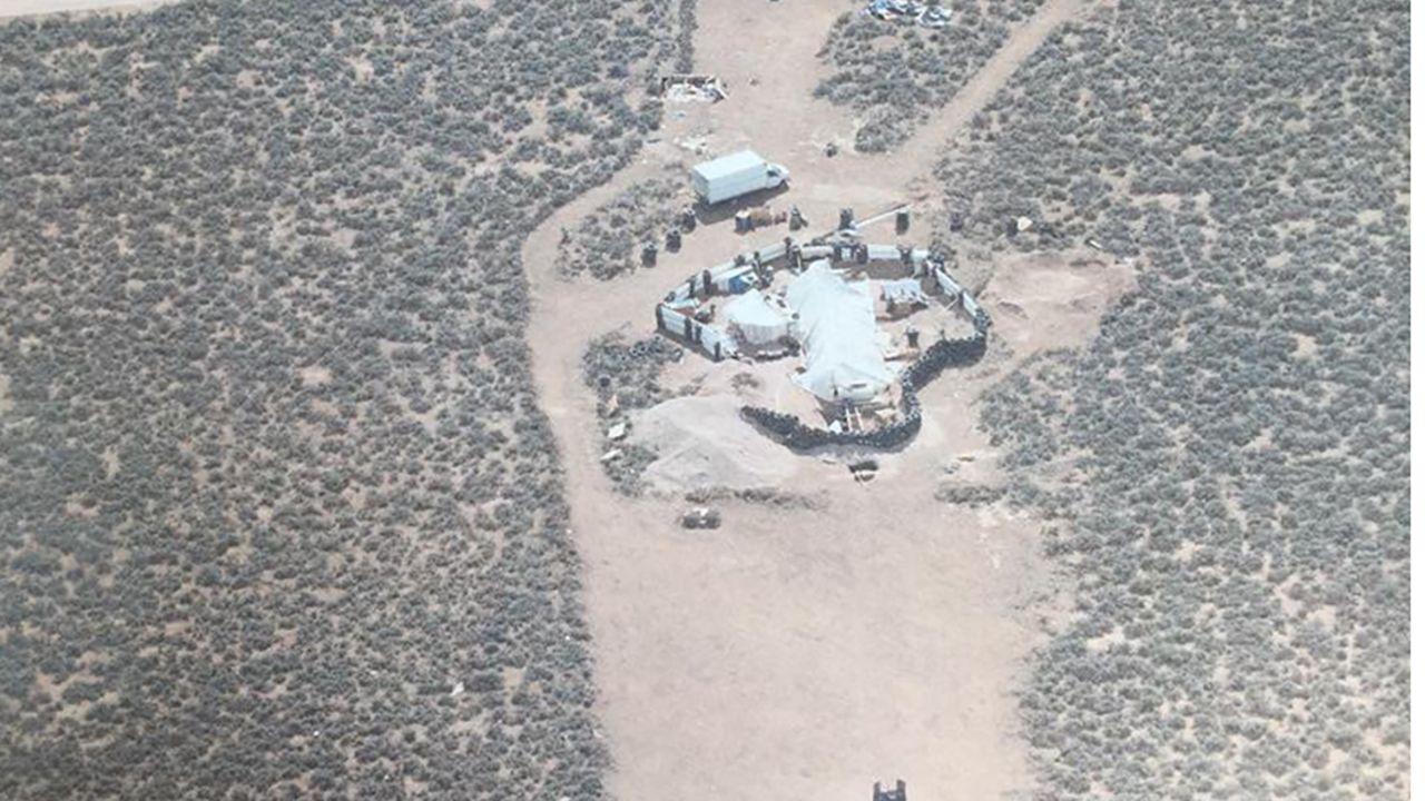 An aerial view of the rural compound in Amalia, New Mexico, where the children were found.