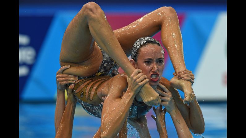 Team members from Spain compete in the team free routine preliminary at the Scotstoun Sports Campus during the 2018 European Championships in Glasgow on Friday, August 3. 