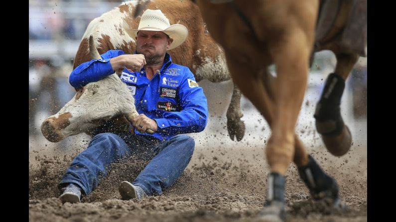 Kyle Irwin competes in the steer wrestling event during Championship Sunday of the 122nd annual Cheyenne Frontier Days Rodeo on Sunday, July 29, at Frontier Park Arena, in Cheyenne, Wyoming. 