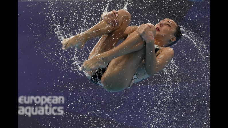 Ukraine competes in the Team Free Routine Final at the Glasgow 2018 European Synchronised Swimming Championships, Glasgow, Britain, on Saturday, August 4. 