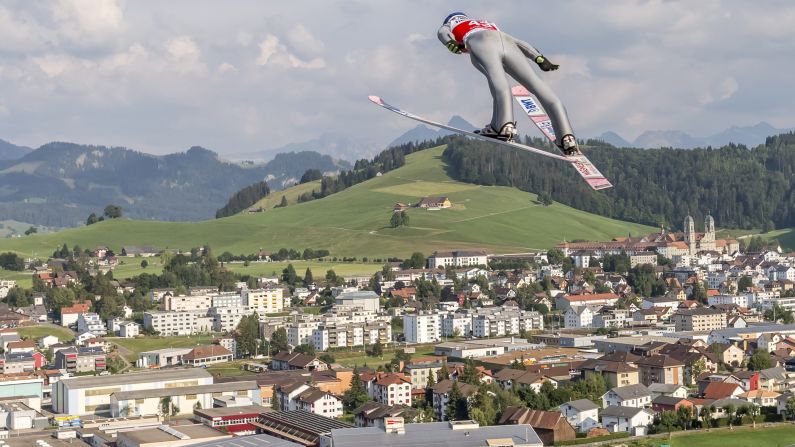 Maciej Kot in action during the FIS summer ski jumping Grand Prix in Einsiedeln, Switzerland, on Friday, August 3. 