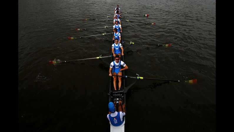 The Italy team returns to shore following the Men's Eight rowing competition on Day 4 of the European Championships Glasgow 2018 at Strathclyde Country Park on Sunday, August 5, in Glasgow, Scotland. 