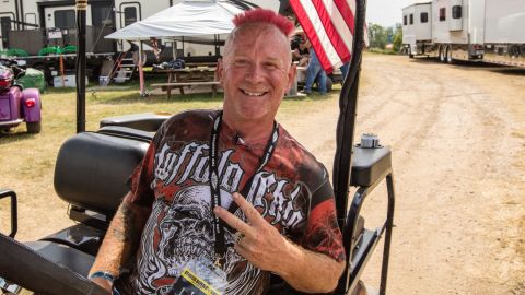 Mark Halvorson, of Great Bend, Kansas, has "Bikers for Trump 2020" tattooed on his arm, in the hopes the President will have a second term.