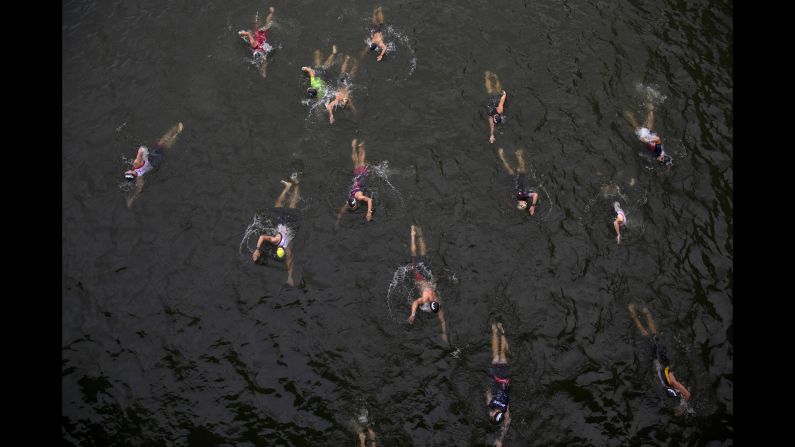 Athletes compete during the swim leg of Ironman Maastricht-Limburg on Sunday, August 5, in Maastricht, Netherlands. 