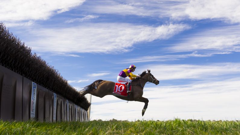 Jarrod Lynch riding Excellent Rhythm jumps the last steeplechase before winning Race 1, Crisp Steeplechase during The Grand National Hurdle day at Sandown on Sunday, August 5, in Melbourne, Australia.  