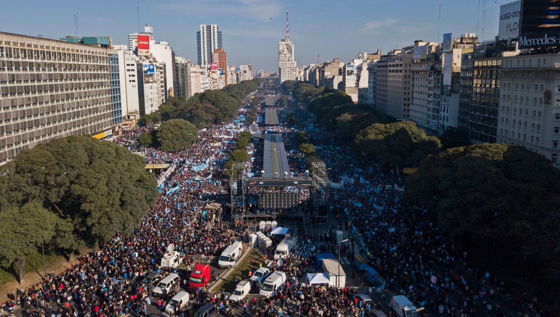 An aerial view of a protest against abortion legalization organized by the Christian Alliance of Evangelical Churches in Argentina.