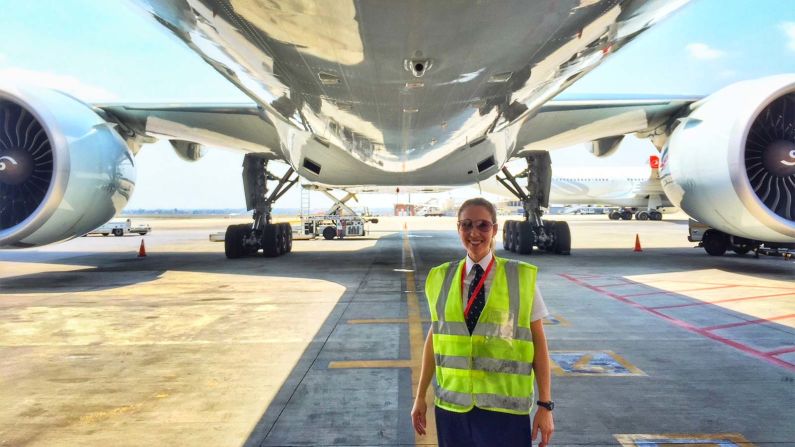 <strong>Walkaround: </strong>During her pre-flight walkaround, Tanis Herriot inspects the Boeing 777. 