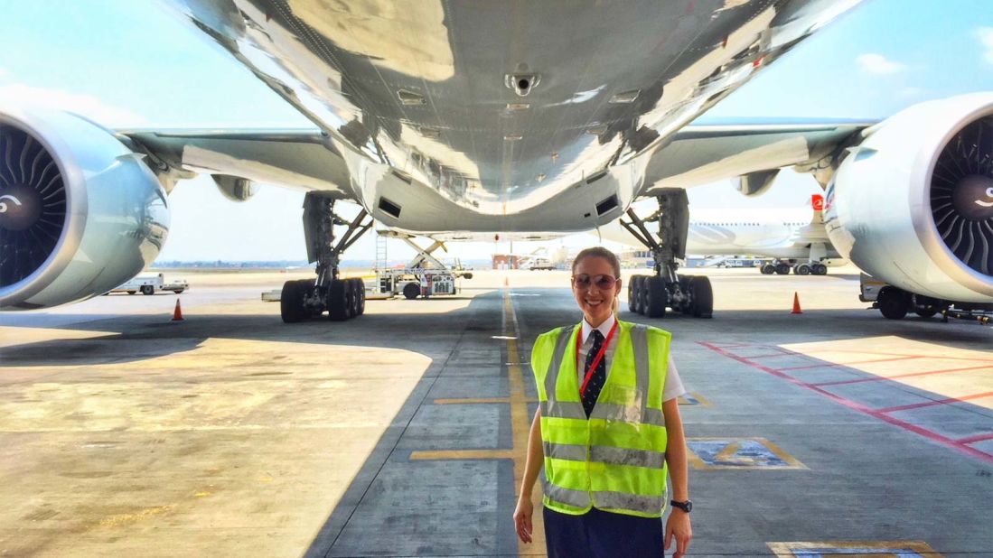 <strong>Walkaround: </strong>During her pre-flight walkaround, Tanis Herriot inspects the Boeing 777. 
