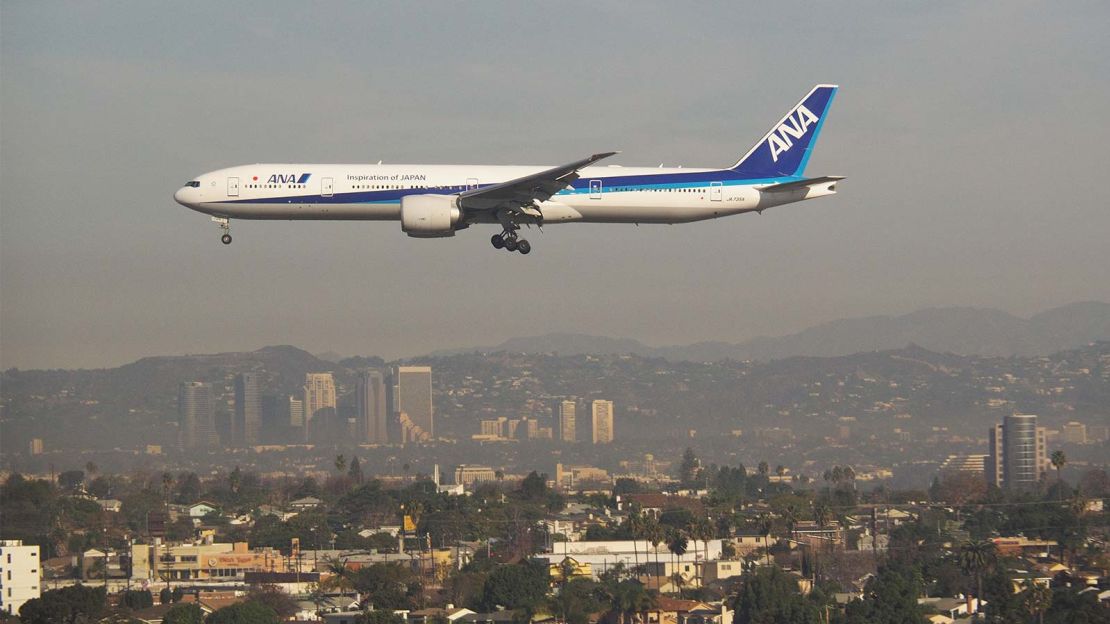 Nishiyama travels around the world flying ANA's Boeing 777s, here landing at Los Angeles International Airport.