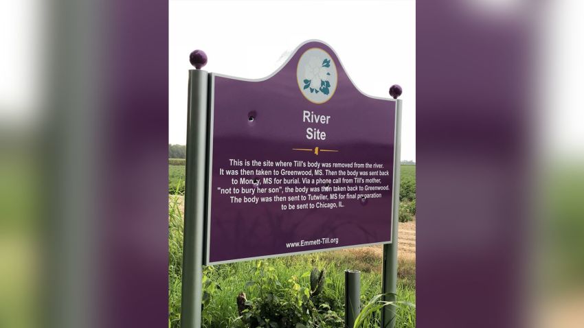 A sign memorializing the site where Emmett Till was removed from the river. Till was murdered after allegedly flirting with a white women in 1955.