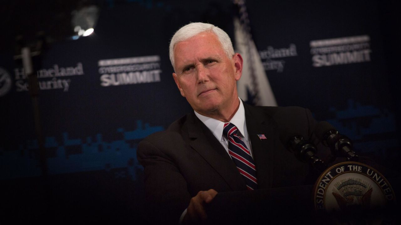 NEW YORK, NY - JULY 31: Vice President Mike Pence speaks during the Department of Homeland Security's Cybersecurity Summit on July 31, 2018 in New York City. Homeland Security Secretary Kirstjen Nielsen said, "Cyberattacks now exceed the danger of physical attacks...This has forced us to rethink homeland security." (Photo by Kevin Hagen/Getty Images)