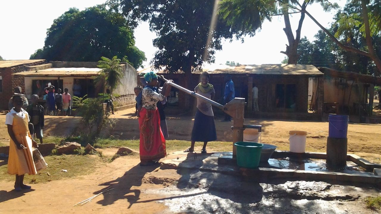 Nyambi health center does not have running water; instead, buckets of water must be carried from a nearby borehole to wash hands or clean the hospital. 