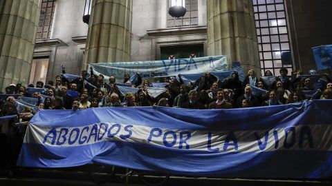 Anti-abortion activists rally in front of the Faculty of Law of the University of Buenos Aires, Argentina.
