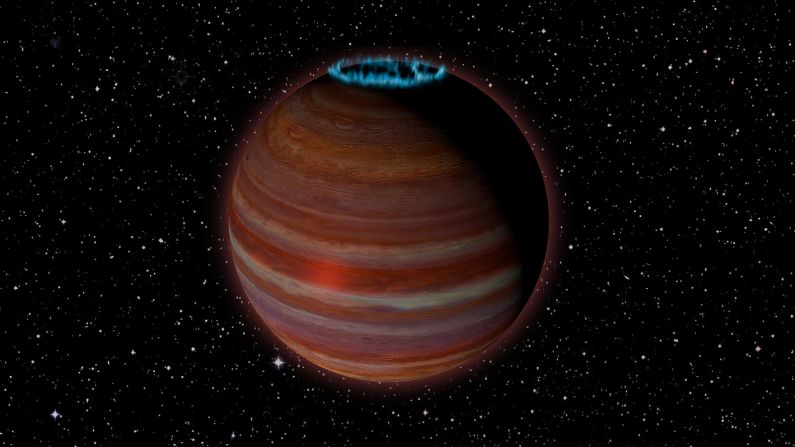 This is an artist's concept of what SIMP J01365663+0933473 might look like. It has 12.7 times the mass of Jupiter but a magnetic field 200 times more powerful than Jupiter's. This object is 20 light-years from Earth. It's on the boundary line between being a planet or being a brown dwarf.