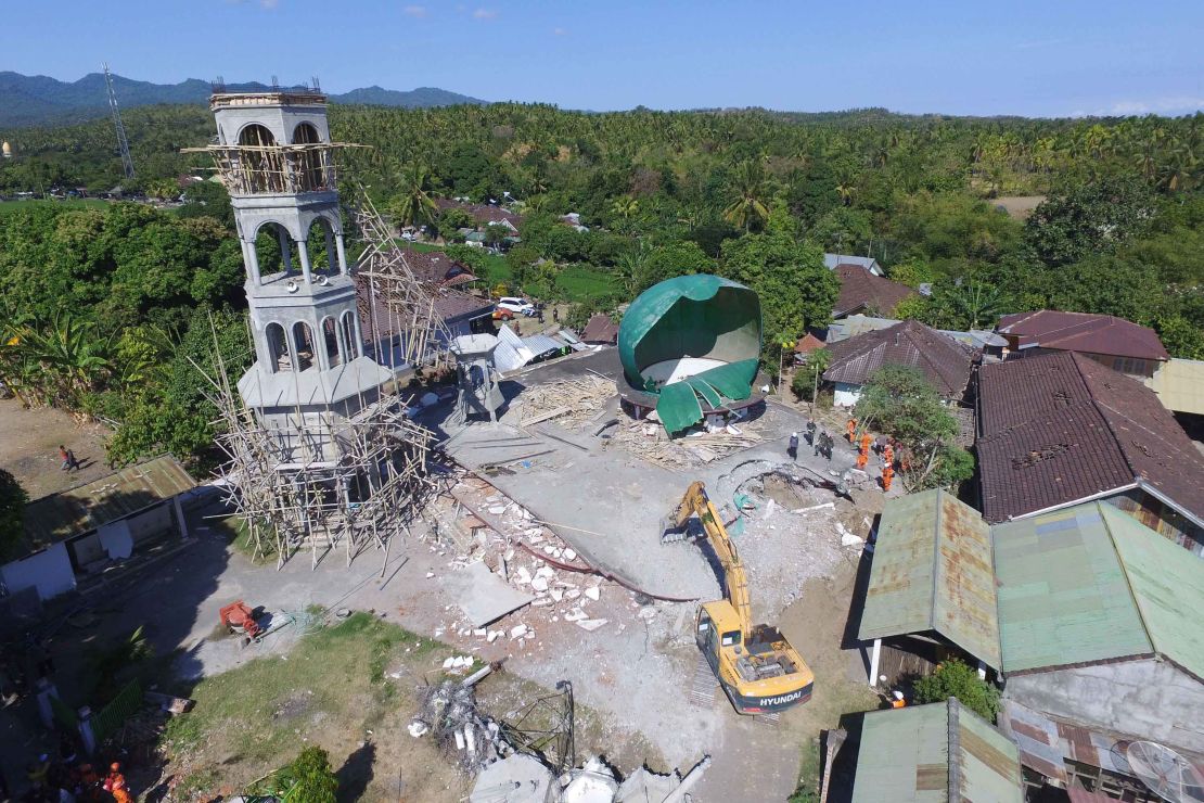 An aerial view of a collapsed mosque on Tuesday following the earthquake.
