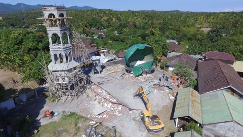An aerial view of a collapsed mosque on Tuesday following the earthquake.
