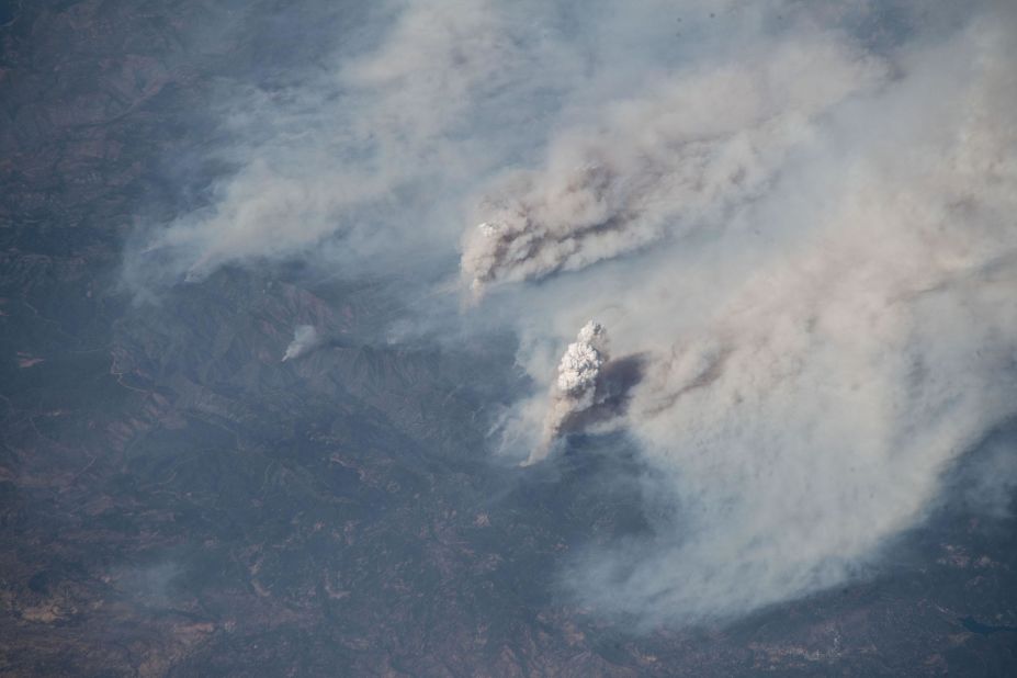 The Carr and Ferguson fires are visible from space in an image taken by European Space Agency astronaut Alexander Gerst on Friday, August 3.