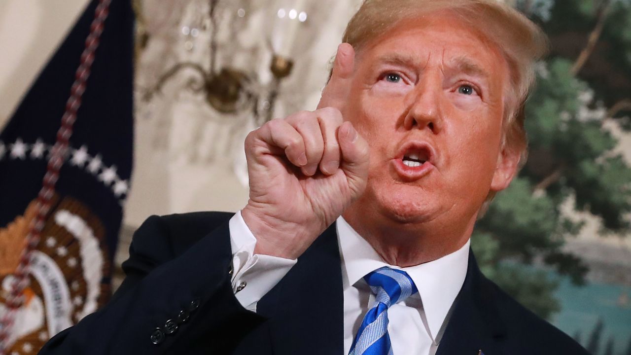 WASHINGTON, DC - MAY 08:  U.S. President Donald Trump announces his decision to withdraw the United States from the 2015 Iran nuclear deal in the Diplomatic Room at the White House May 8, 2018 in Washington, DC. After two and a half years of negotiations, Iran agreed in 2015 to end its nuclear program in exchange for Western countries, including the United States, lifting decades of economic sanctions. Since then international inspectors have not found any violations of the terms by Iran.  (Photo by Chip Somodevilla/Getty Images)