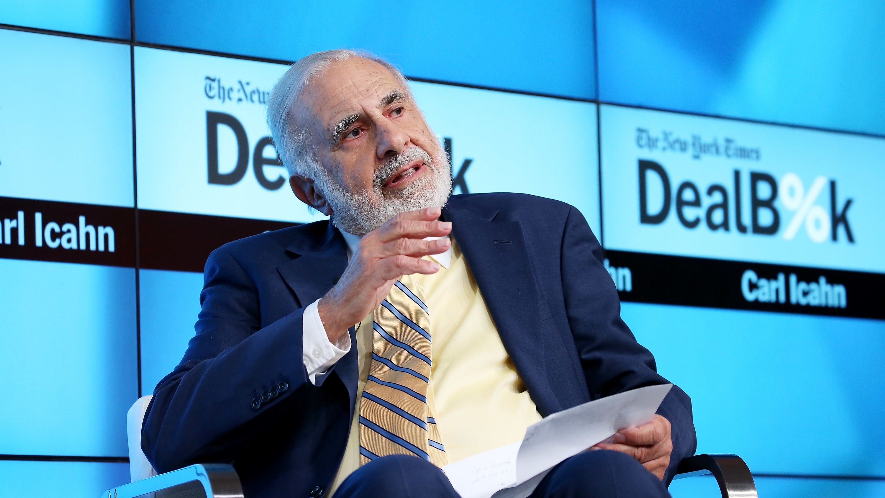 NEW YORK, NY - NOVEMBER 03:  Chairman of Icahn Enterprises Carl Icahn participates in a panel discussion at the New York Times 2015 DealBook Conference at the Whitney Museum of American Art on November 3, 2015, in New York City.  (Photo by Neilson Barnard/Getty Images for New York Times)