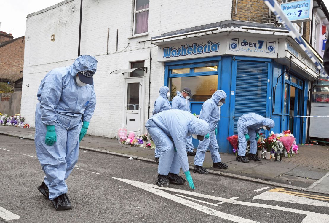 Forensic officers search Chalgrove Road in Tottenham, north London, where a 17-year-old girl died after she was shot on April 3, 2018.