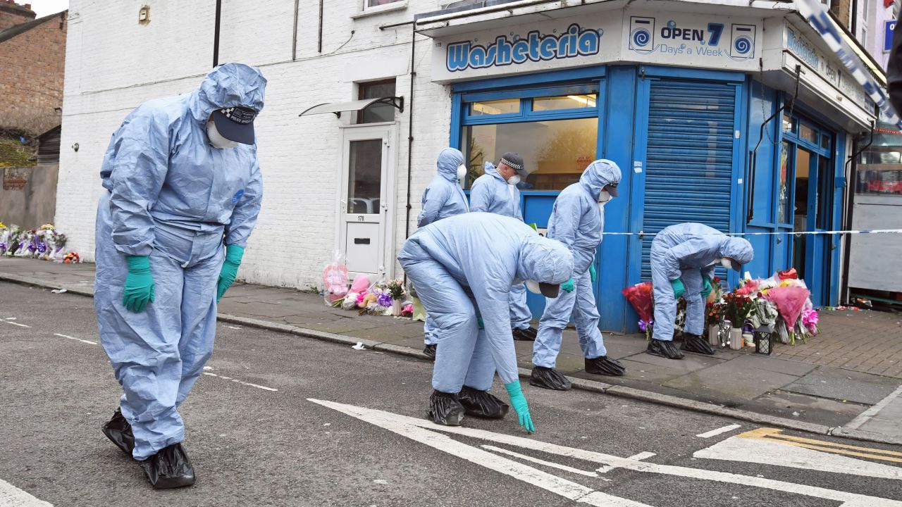 Forensic officers search Chalgrove Road in Tottenham, north London, where a 17-year-old girl died after she was shot on April 3, 2018.
