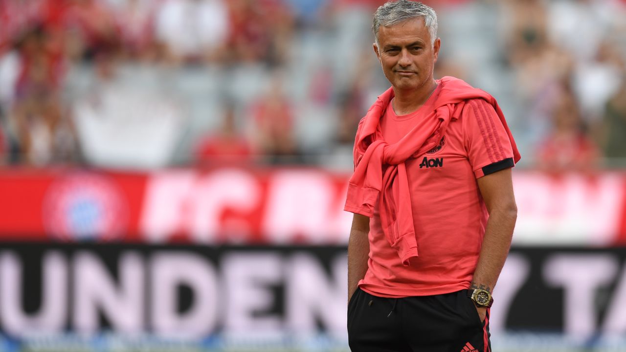 Manchester United's Portuguese manager Jose Mourinho attends the warm up prior to the pre-season friendly football match between FC Bayern Munich and Manchester United at the Allianz Arena in Munich, southern Germany, on August 5, 2018. (Photo by Christof STACHE / AFP) (Photo credit should read CHRISTOF STACHE/AFP/Getty Images)