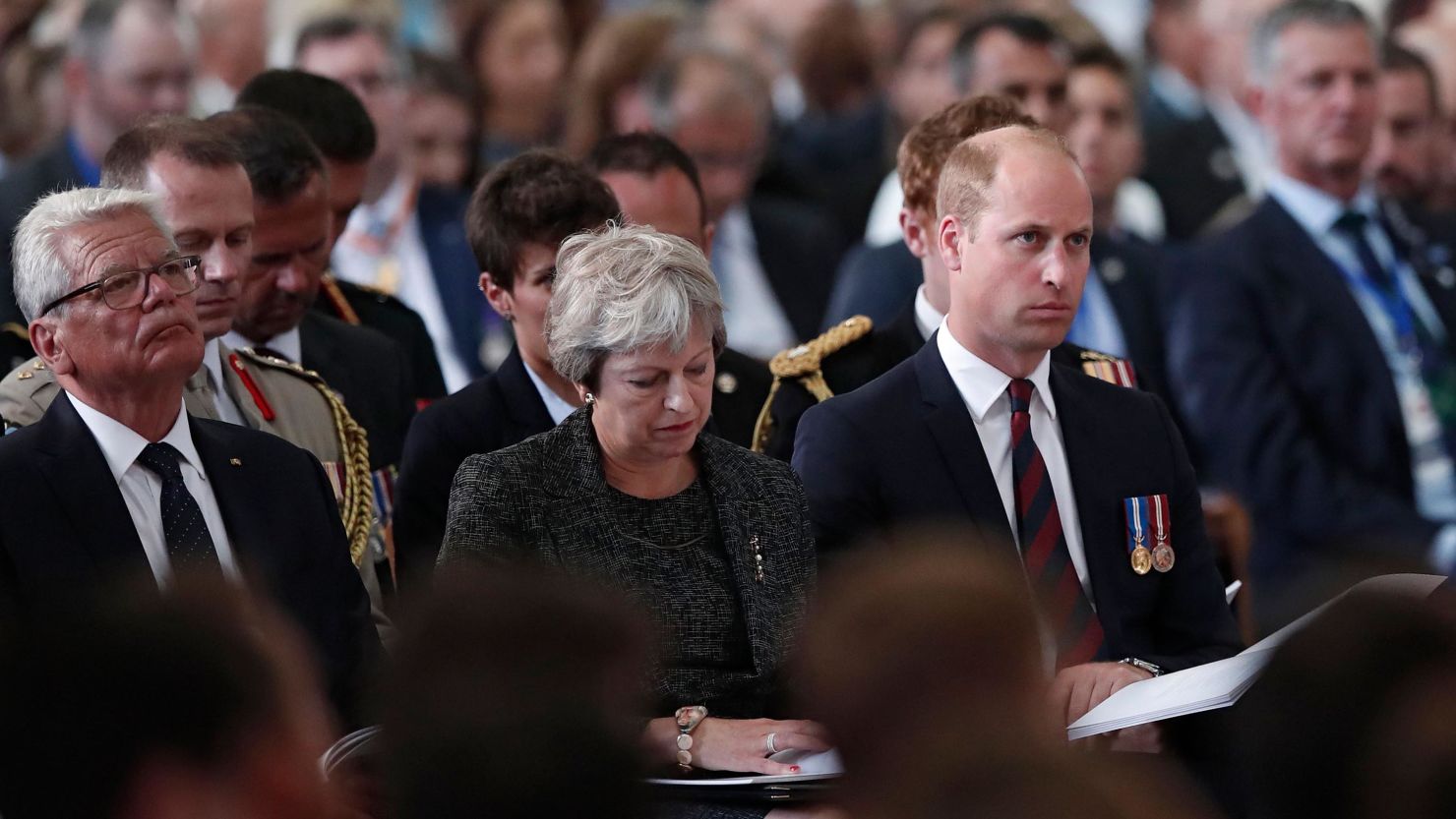 The Duke of Cambridge (R), British Prime Minister Theresa May and former German president Joachim Gauck attend a ceremony to mark the centenary of the Battle of Amiens at the cathedral in Amiens, France.