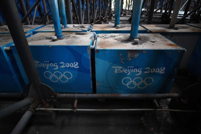 <strong>Forgotten fans</strong>: Cooling fans are pictured here underneath the grandstand of the beach volleyball stadium constructed for the 2008 Beijing Olympic Games.