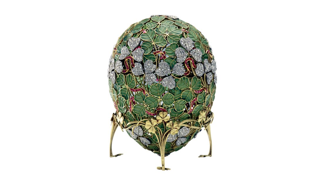 The Clover Leaf Imperial Easter Egg is made from gold, rubies, platinum, enamel and rose-cut diamonds. It was Tsar Nicholas II's 1902 Easter gift to his wife Empress Alexandra Feodorovna.