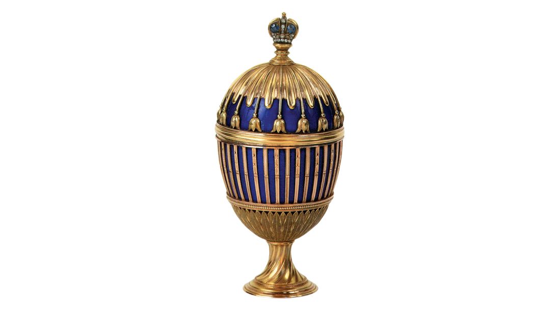 The Blue Enamel Ribbed Egg was made from a wide of expensive materials, including green, yellow, and red gold, sapphires, diamonds, agate, rubies, and translucent blue enamel. 