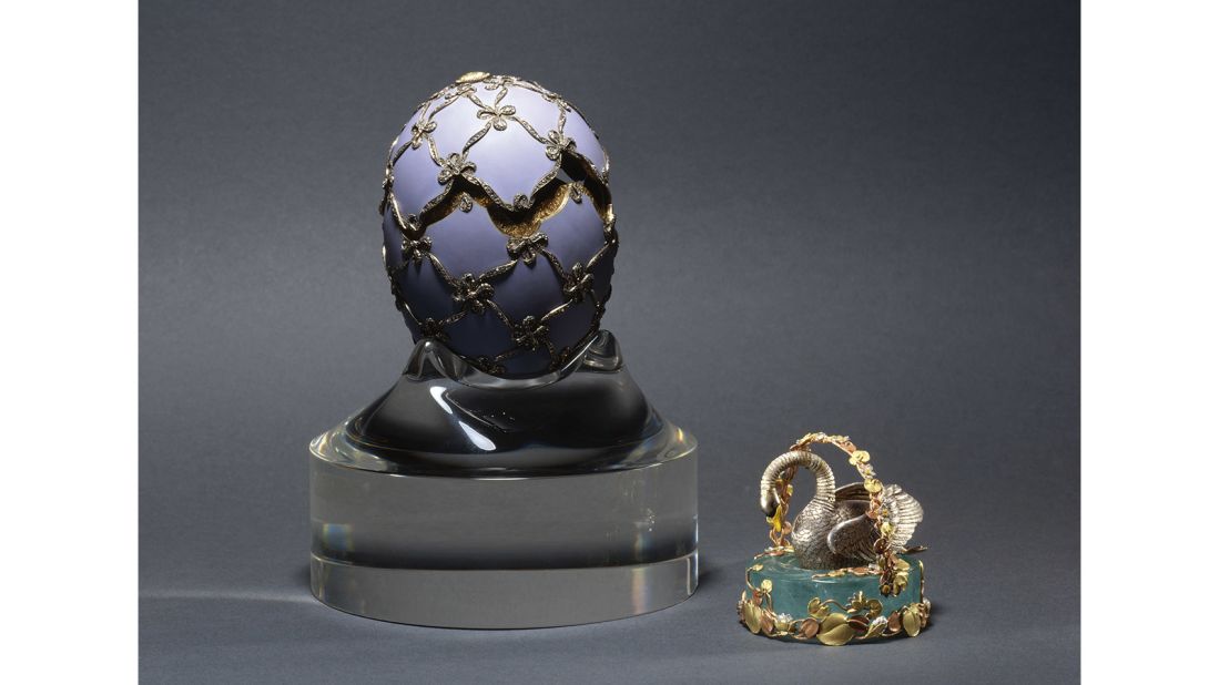 The Swan Egg contained a miniature mechanical swan is made from various colors of gold and aquamarine.