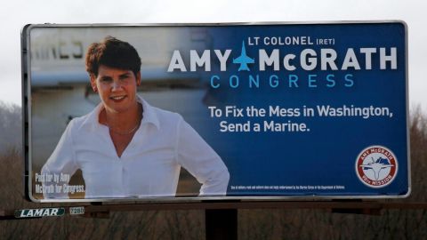 Amy McGrath's campaign sign touts her experience as a Marine.