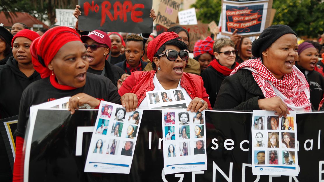 South African women protest against gender abuse in Cape Town, South Africa on August 1, 2018.