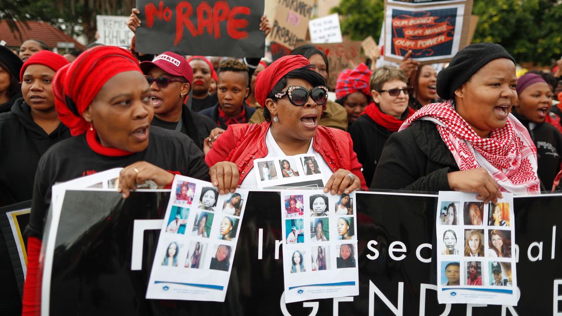 South African women protest against gender abuse in Cape Town, South Africa on  August 1, 2018. 