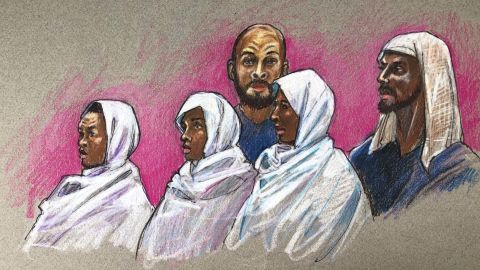 The five suspects, here in an artist's rendering, appeared Wednesday in a Taos court.